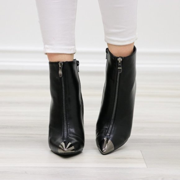 Pointy Toe Ankle Black Boots Faux Leather - Picture 4 of 14